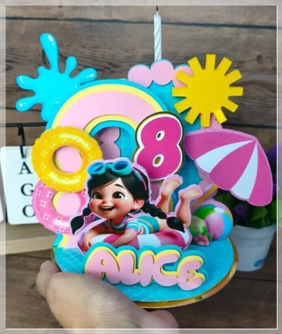 Arquivo de Corte Topo de Bolo Pool Party Menina Vela Cenário 4 1