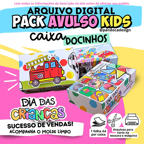 Arquivo de Corte Cx Doces Pack Avulso Kids Caixa Docinhos Dia das Crianças 2