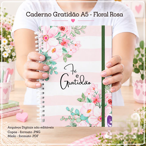 Encadernação - Coleção Caderno Gratidão Floral Rosa