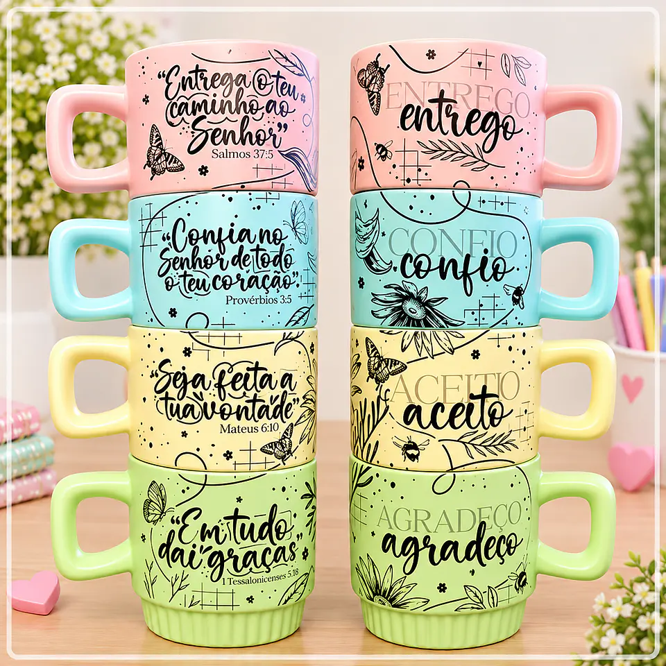 Sublimação - Torre de Caneca Floral Entrego Confio Aceito Agradeço 1