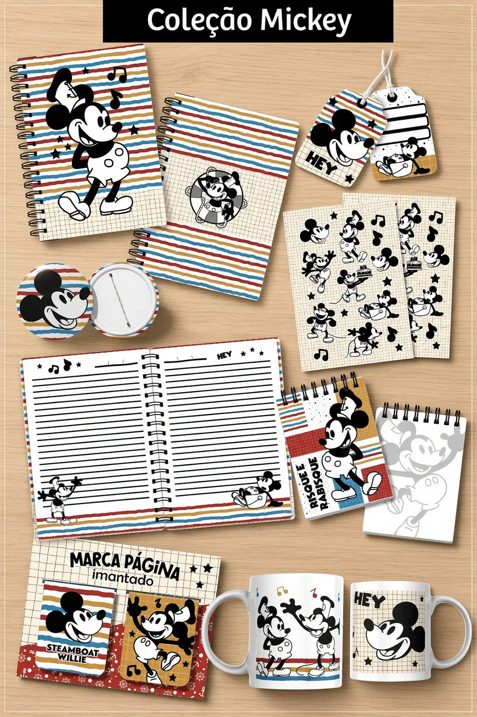 Encadernação - Coleção Mickey Vintage (Artes Caneca , Bloquinho , Bottons , Caderno A5 e Marca Pagina) 1