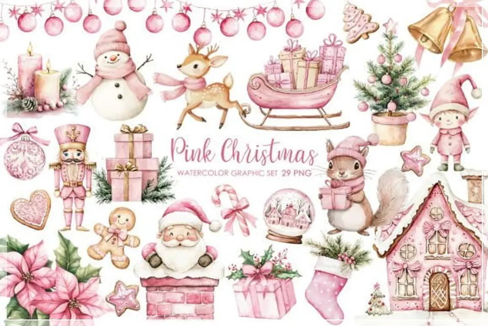 Kit Digital Pink Christmas Watercolor Natal 2 1