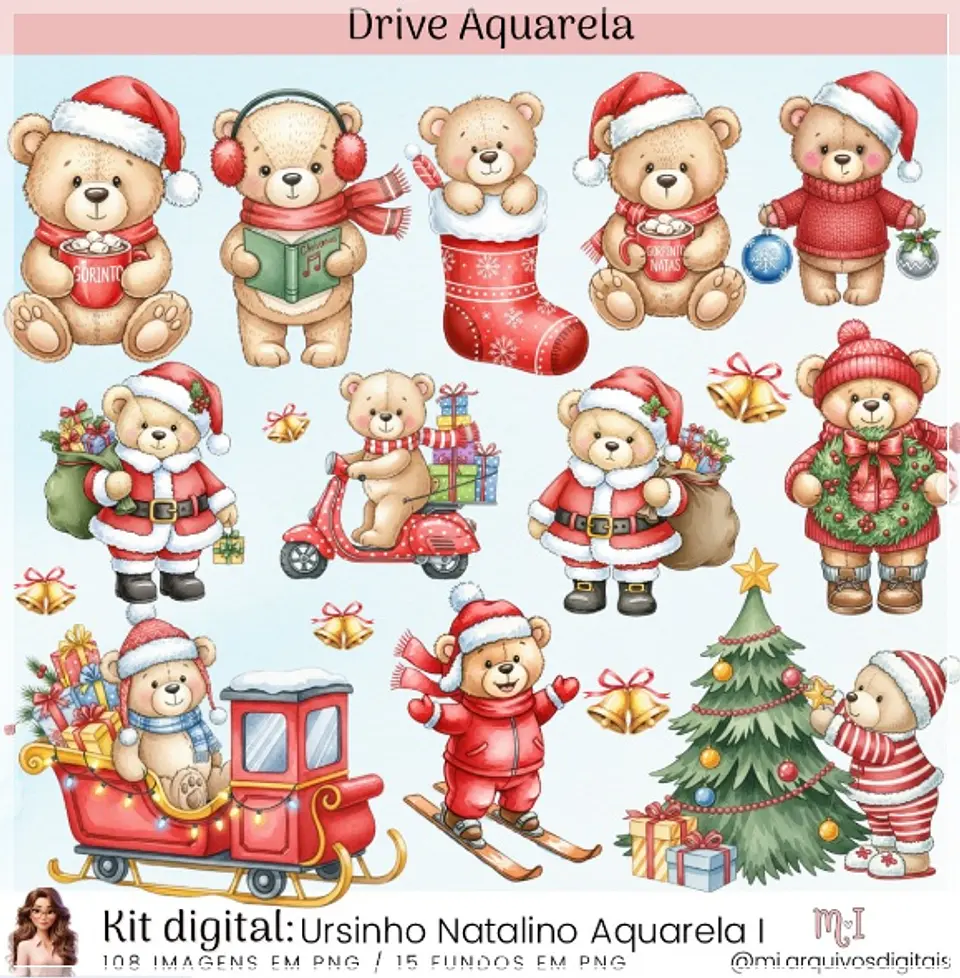 Kit Digital Ursinho Natalino Aquarela I Natal 12 1