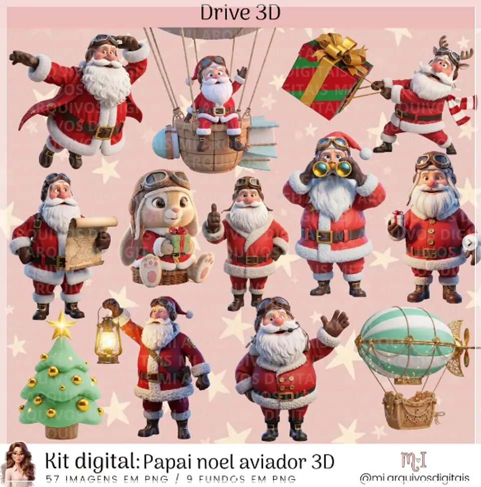 Kit Digital Papai Noel Aviador 3D Natal 7 1