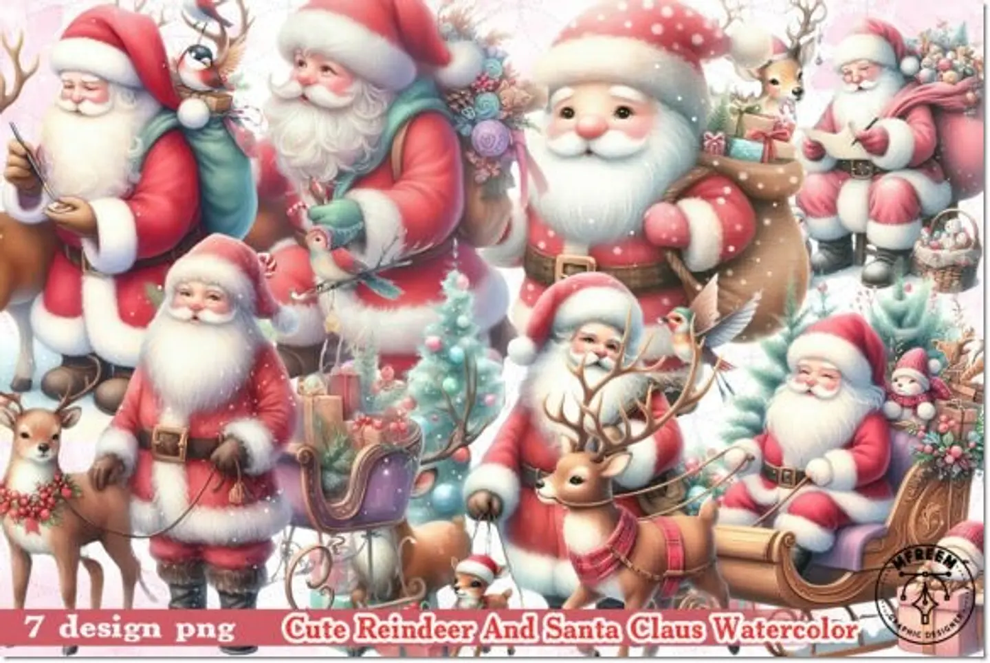 Kit Digital Cute Reindeer And Santa Claus Watercolor Natal 2 1