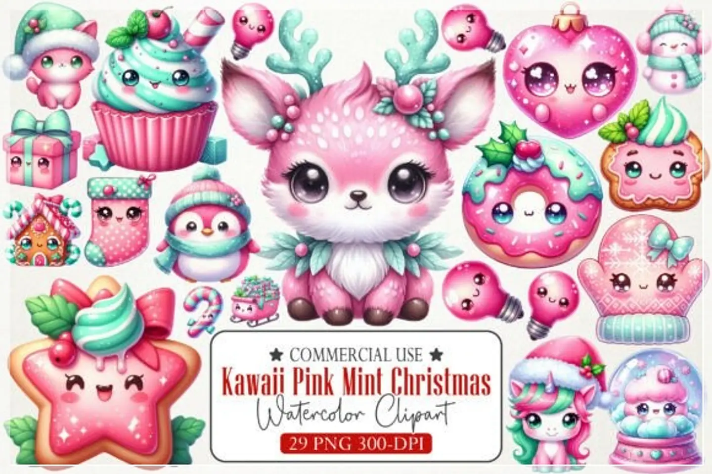 Kit Digital Kawaii Pink Mint Christmas Natal 3 1