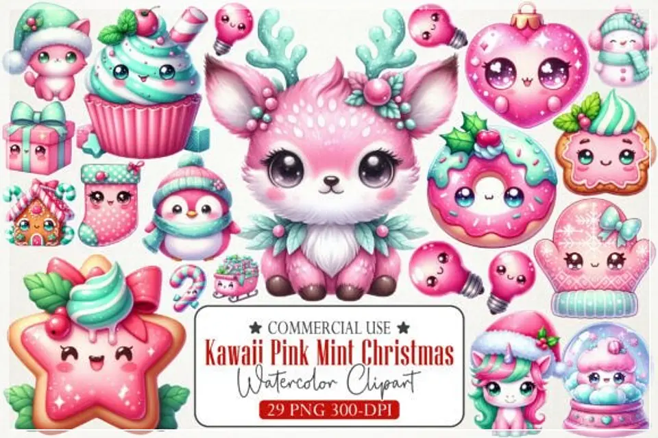 Kit Digital Kawaii Pink Mint Christmas Natal 3 1