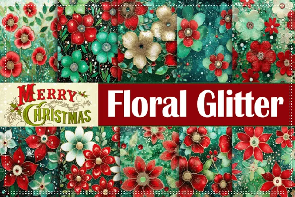 Kit Digital Merry Christmas Floral Glitter Natal 51 1