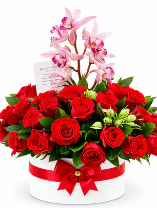 Caja con Orquídeas Rosadas y Rosas Rojas