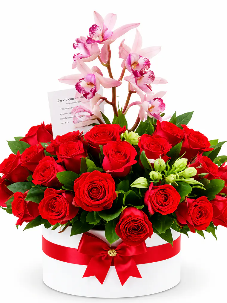 Caja con Orquídeas Rosadas y Rosas Rojas 1