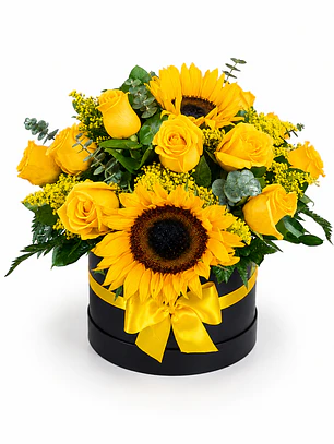 Caja con Girasoles y Rosas Amarillas