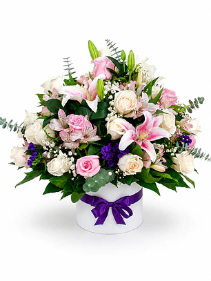 Caja con Rosas y Lirios Rosados