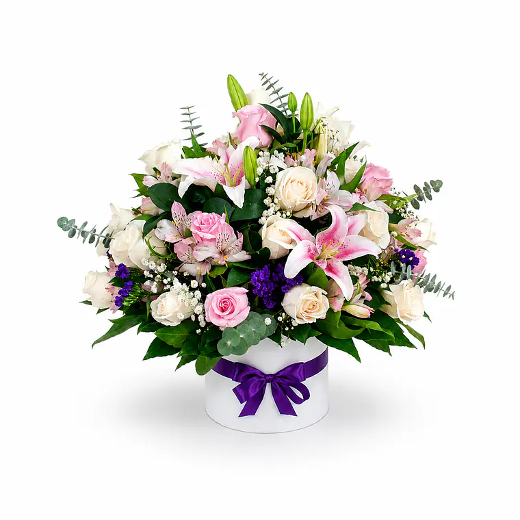 Caja con Rosas y Lirios Rosados 1