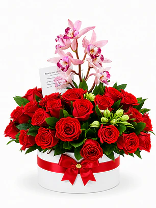 Caja con Orquídeas Rosadas y Rosas Rojas
