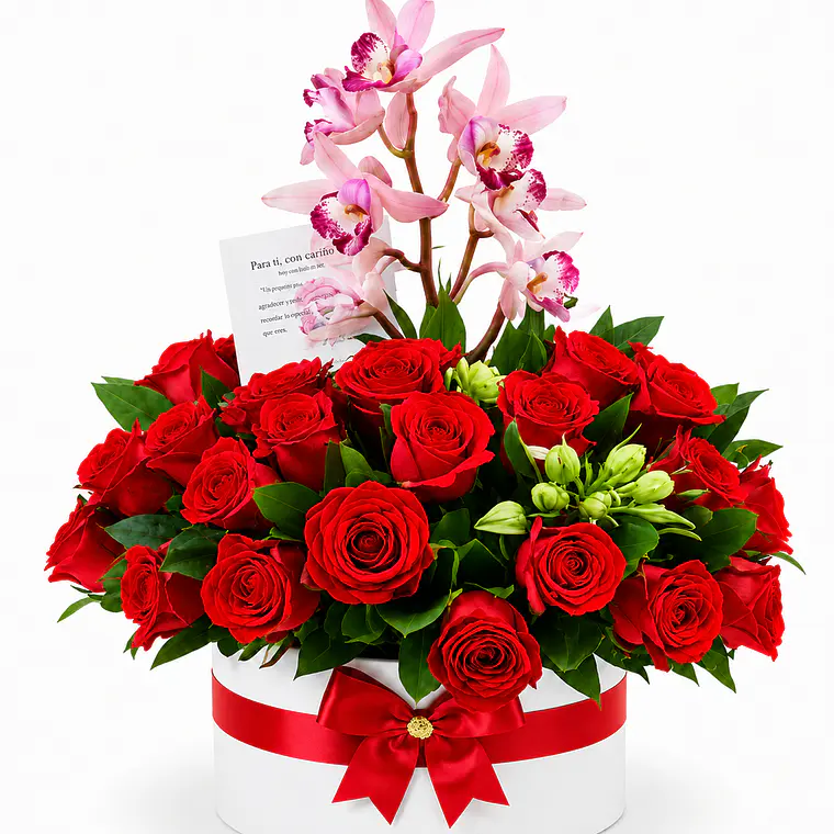 Caja con Orquídeas Rosadas y Rosas Rojas 1