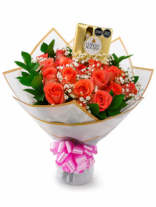 Bouquet Rosas Naranjas y Chocolates Ferrero