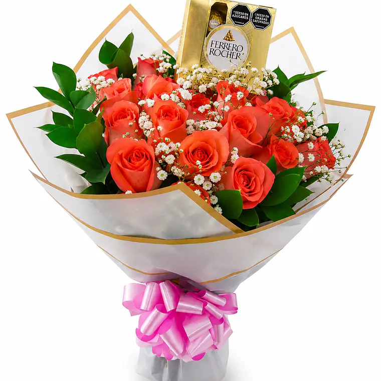 Bouquet Rosas Naranjas y Chocolates Ferrero 1