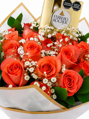Bouquet Rosas Naranjas y Chocolates Ferrero