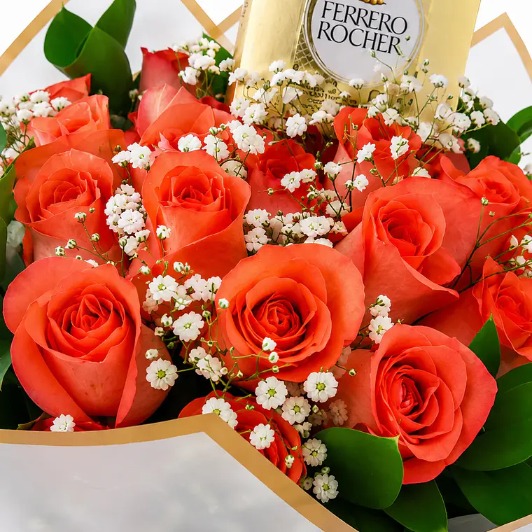 Bouquet Rosas Naranjas y Chocolates Ferrero 2