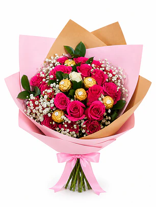 Bouquet Rosas Moradas y Chocolates Ferrero