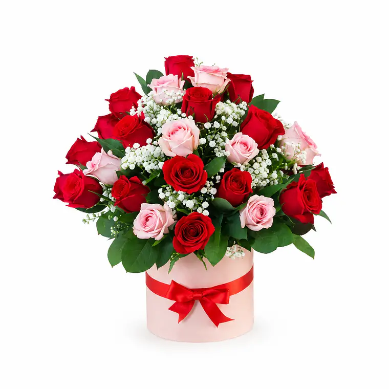 Caja con Rosas Rojas y Rosadas 1