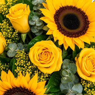 Caja con Girasoles y Rosas Amarillas
