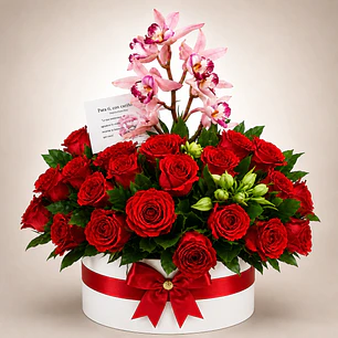 Caja con Orquídeas Rosadas y Rosas Rojas