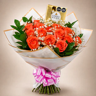 Bouquet Rosas Naranjas y Chocolates Ferrero