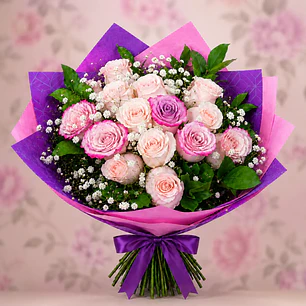Bouquet Rosas Crema y Rosadas con Papel Morado