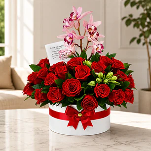 Caja con Orquídeas Rosadas y Rosas Rojas