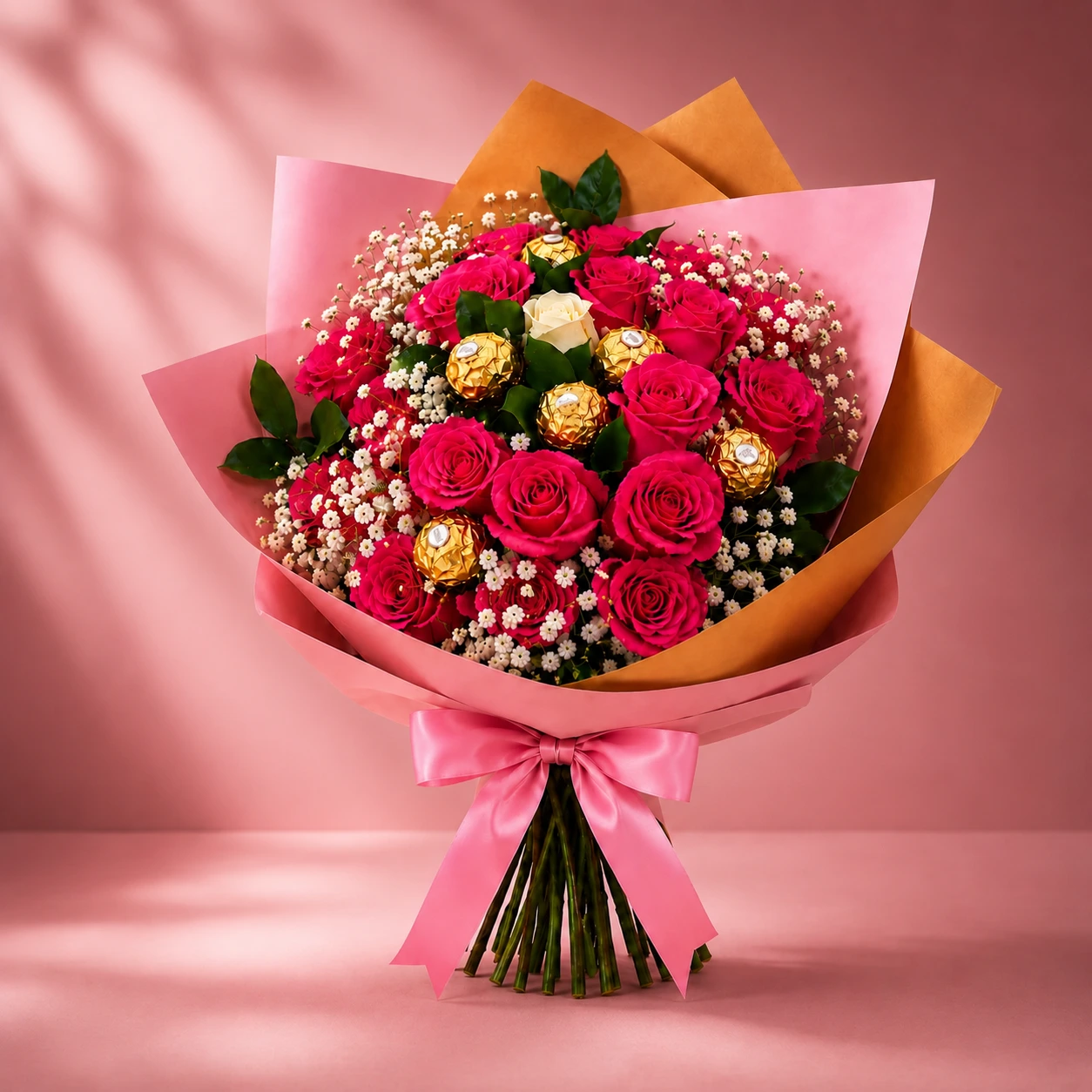 Bouquet Rosas Moradas y Chocolates Ferrero 1