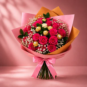 Bouquet Rosas Moradas y Chocolates Ferrero