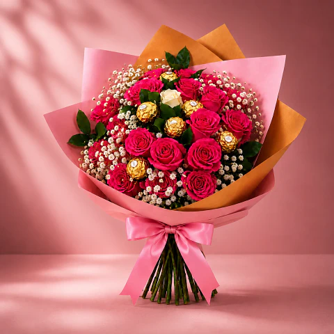 Bouquet Rosas Fucsia y Chocolates Ferrero