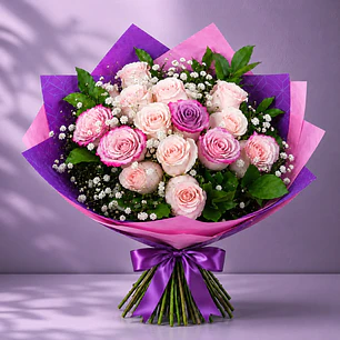 Bouquet Rosas Crema y Rosadas con Papel Morado