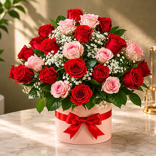 Caja con Rosas Rojas y Rosadas
