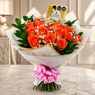 Bouquet Rosas Naranjas y Chocolates Ferrero