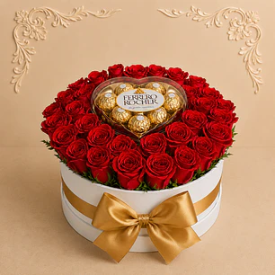 Caja con Rosas y Chocolates Ferrero