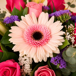 Caja con Gerbera Rosada, Rosas y Lirios