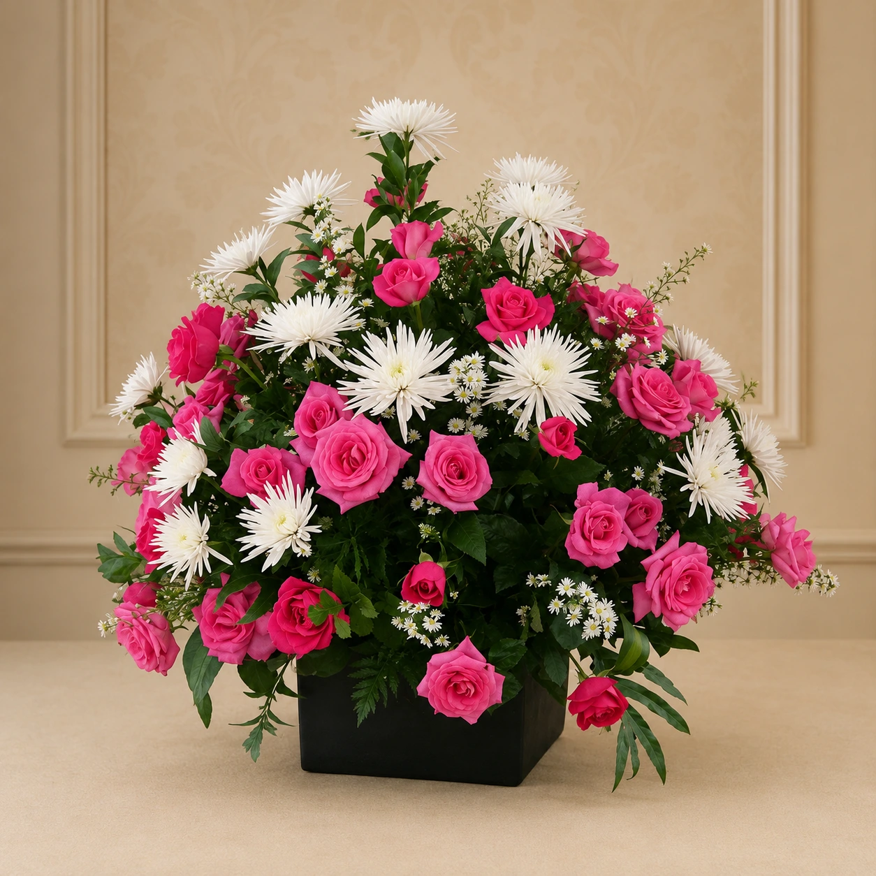 Arreglo Grande con Rosas Rosadas y Crisantemos Blancos 1
