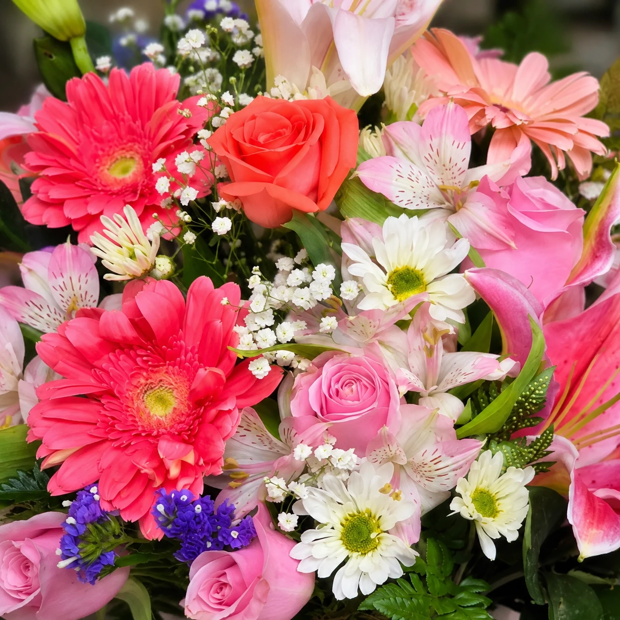 Caja con Rosas, Gerberas y Lirios Rosados 2