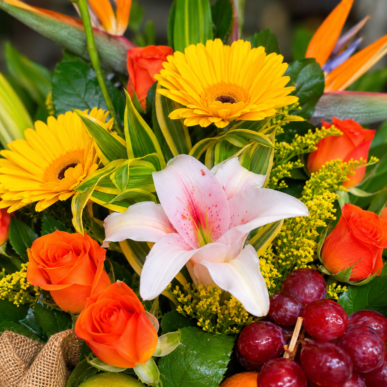 Frutero con Rosas, Lirios, Gerberas y Ave de Paraíso 2