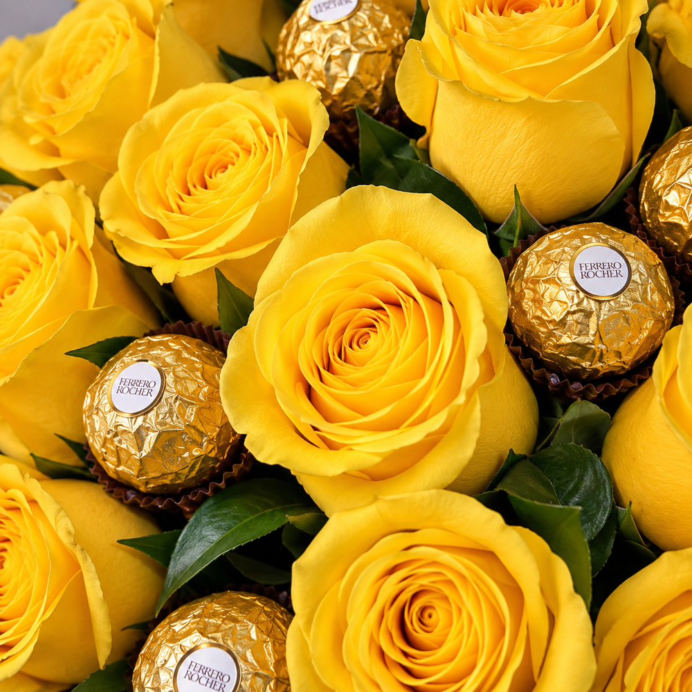 Caja con Rosas Amarillas y Chocolates Ferrero 2
