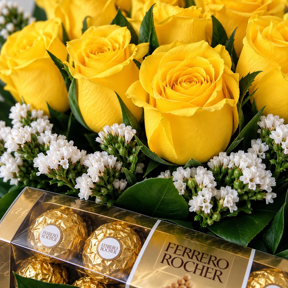 Caja con Rosas Amarillas y Chocolates Ferrero x8 2