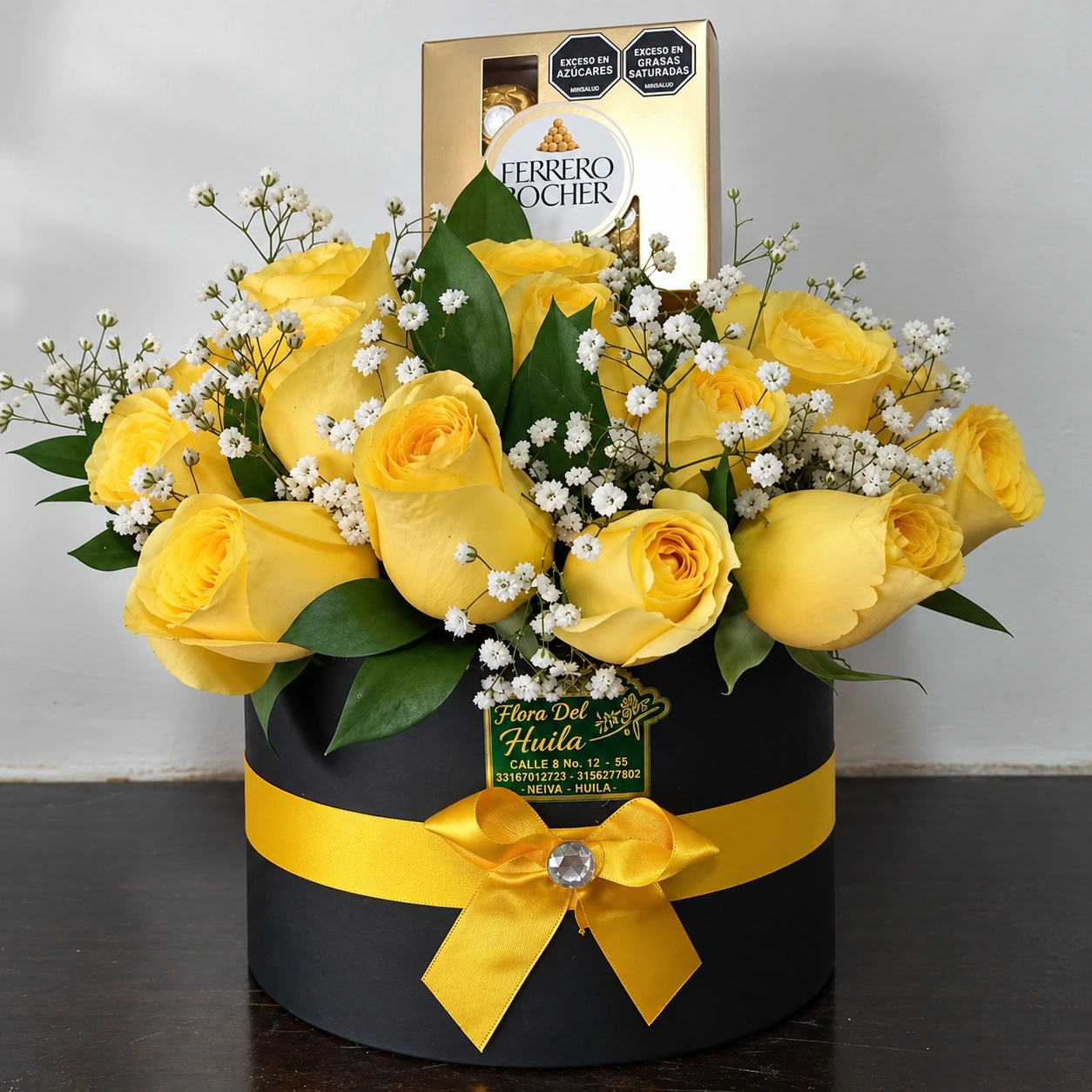 Caja con Rosas Amarillas y Chocolates Ferrero x4 1