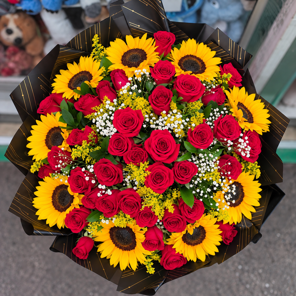 Bouquet Grande Rosas Rojas con Girasoles 1