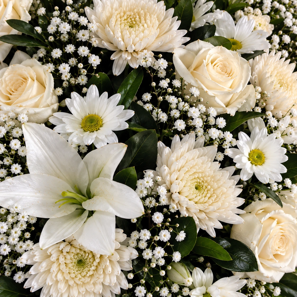 Corona Fúnebre Rosas, Chirosas y Margaritas Blancas 2