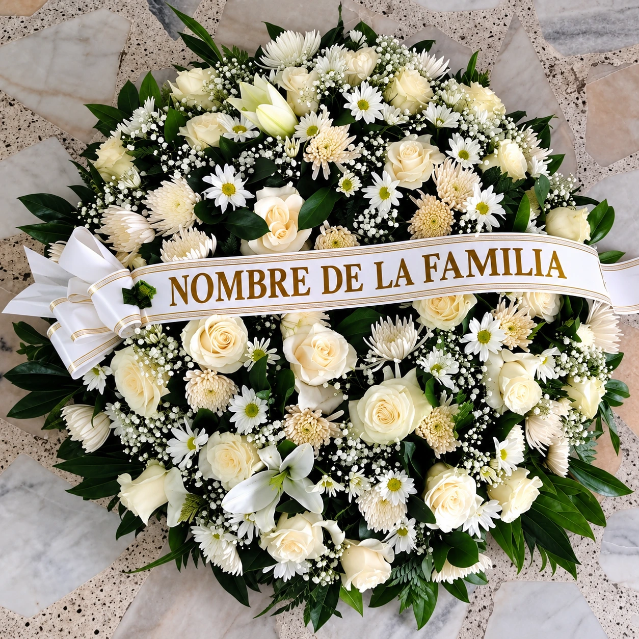 Corona Fúnebre Rosas, Chirosas y Margaritas Blancas 1