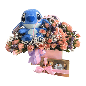Cartera Floral de Rosas con Peluche Stitch y Chocolate con Despacho Hoy - Florabelle