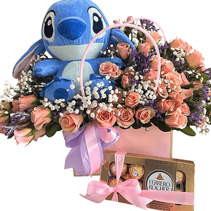 Cartera Floral de Rosas con Peluche Stitch y Chocolate con Despacho Hoy - Florabelle