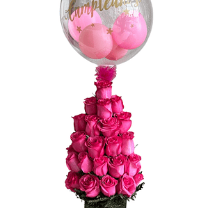 Torre de Rosas Rosadas con Globo Burbuja y Despacho Hoy - Florabelle